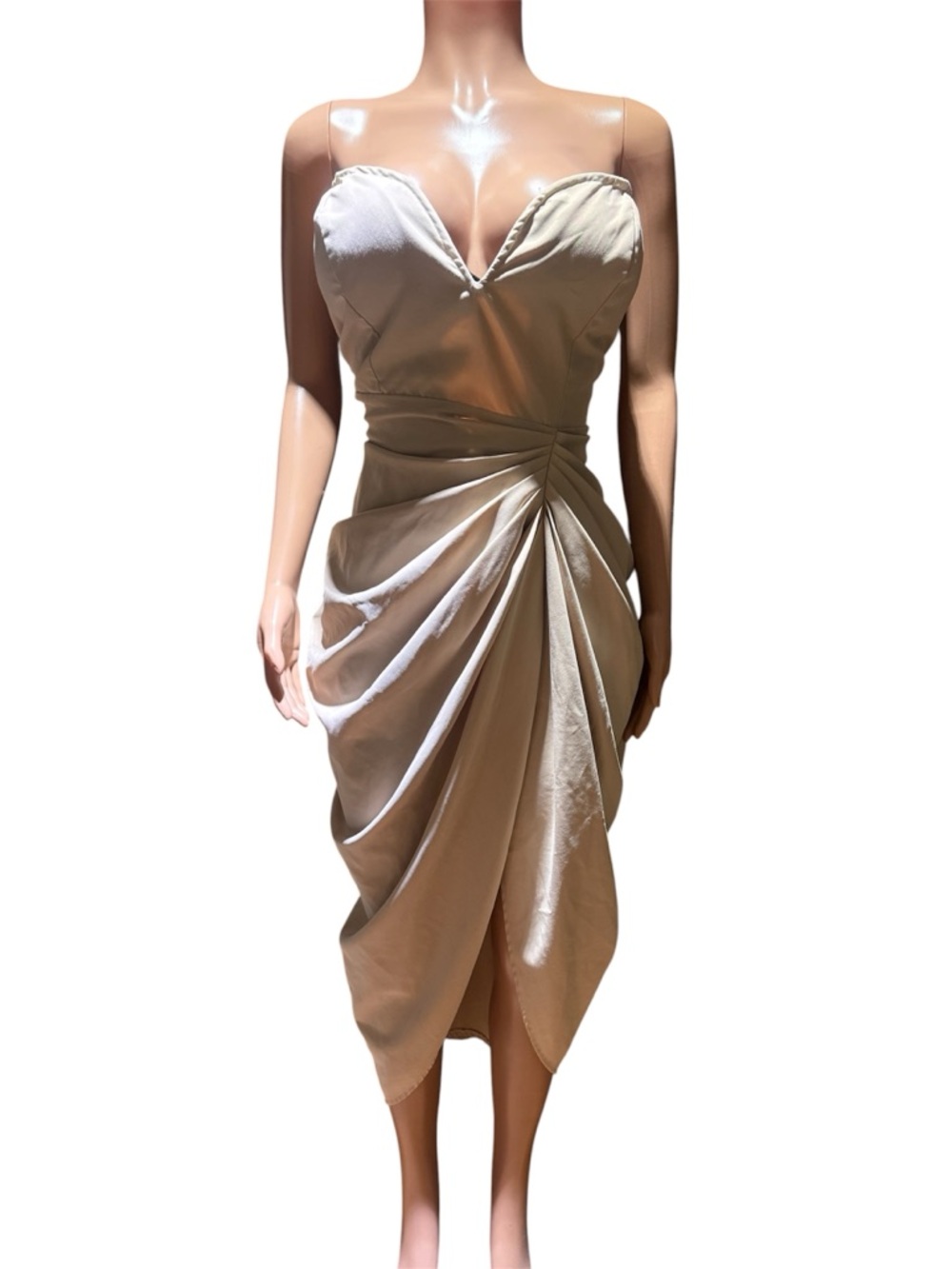 PrettyLittleThing Strapless Draped Midi Dress in Beige